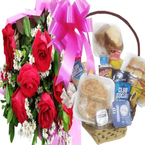 Cesta chá da tarde 30 itens com buquê de 10 rosas vermelhas em Recife