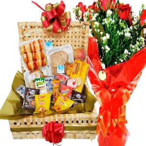 cesta de café 40 itens + buquê 20 rosas