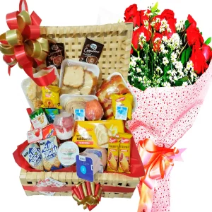 cesta de café 50 itens + buquê 20 rosas