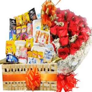 cesta de café 70 itens + buquê 20 rosas