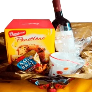 Cesta de natal com vinho e castanhas