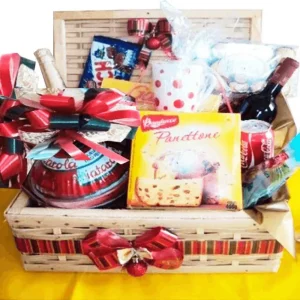 Cesta de natal com vinho e chocolates