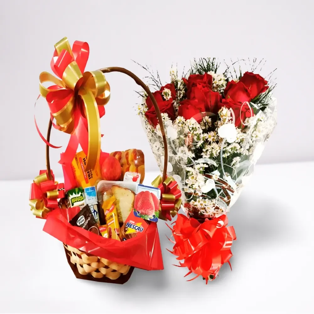 Cesta de Café da Manhã 20 Itens com Buquê 10 Rosas Vermelhas – presente romântico com entrega em Recife e região.
