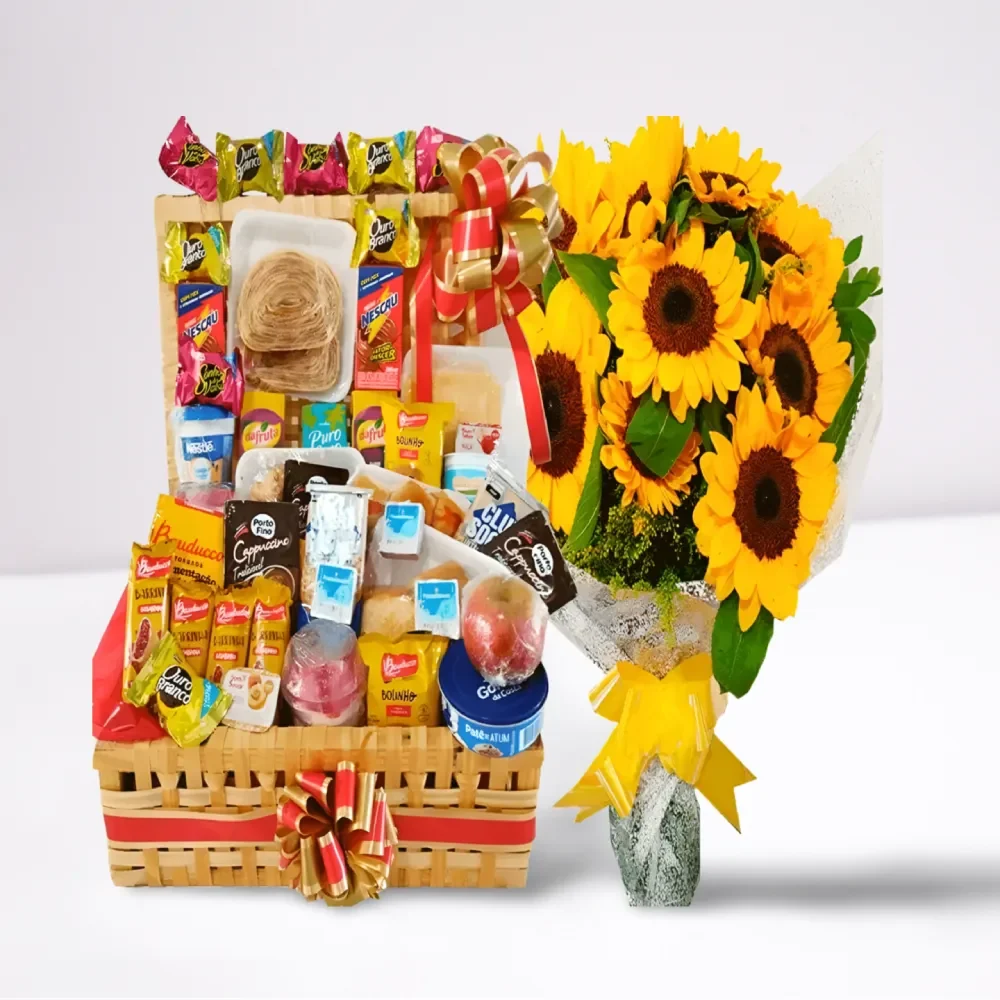 Cesta de café da manhã 80 itens com buquê 10 girassóis naturais em Recife