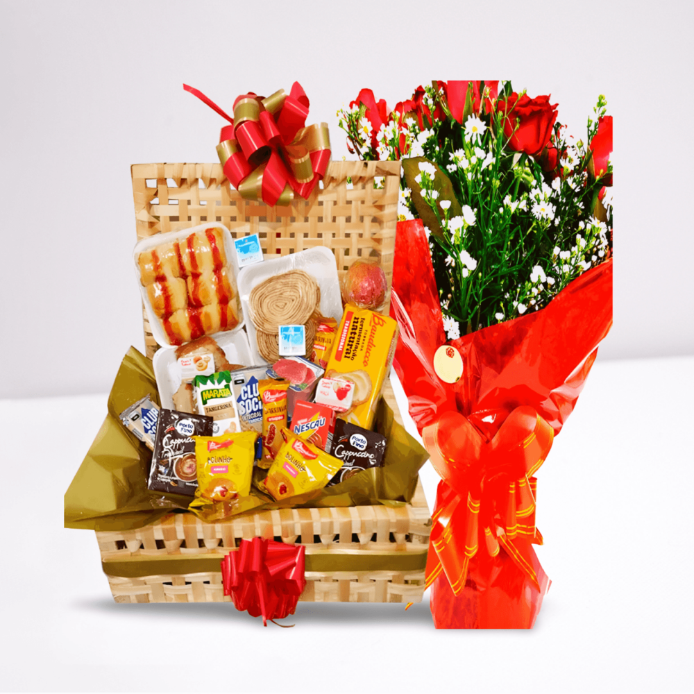 Cesta de Café da Manhã 40 Itens com Buquê 20 Rosas Vermelhas Naturais – presente romântico e completo em Recife.