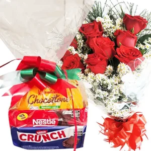 Chocottone bauducco com buquê 10 rosas vermelhas