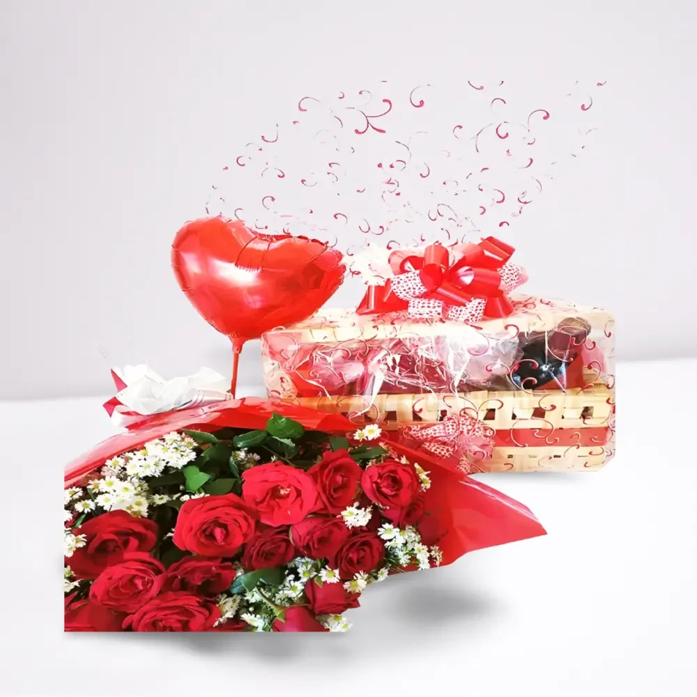 Festa na Caixa com buquê 20 rosas vermelhas, cesta decorada, balão em formato de coração e muito mais.